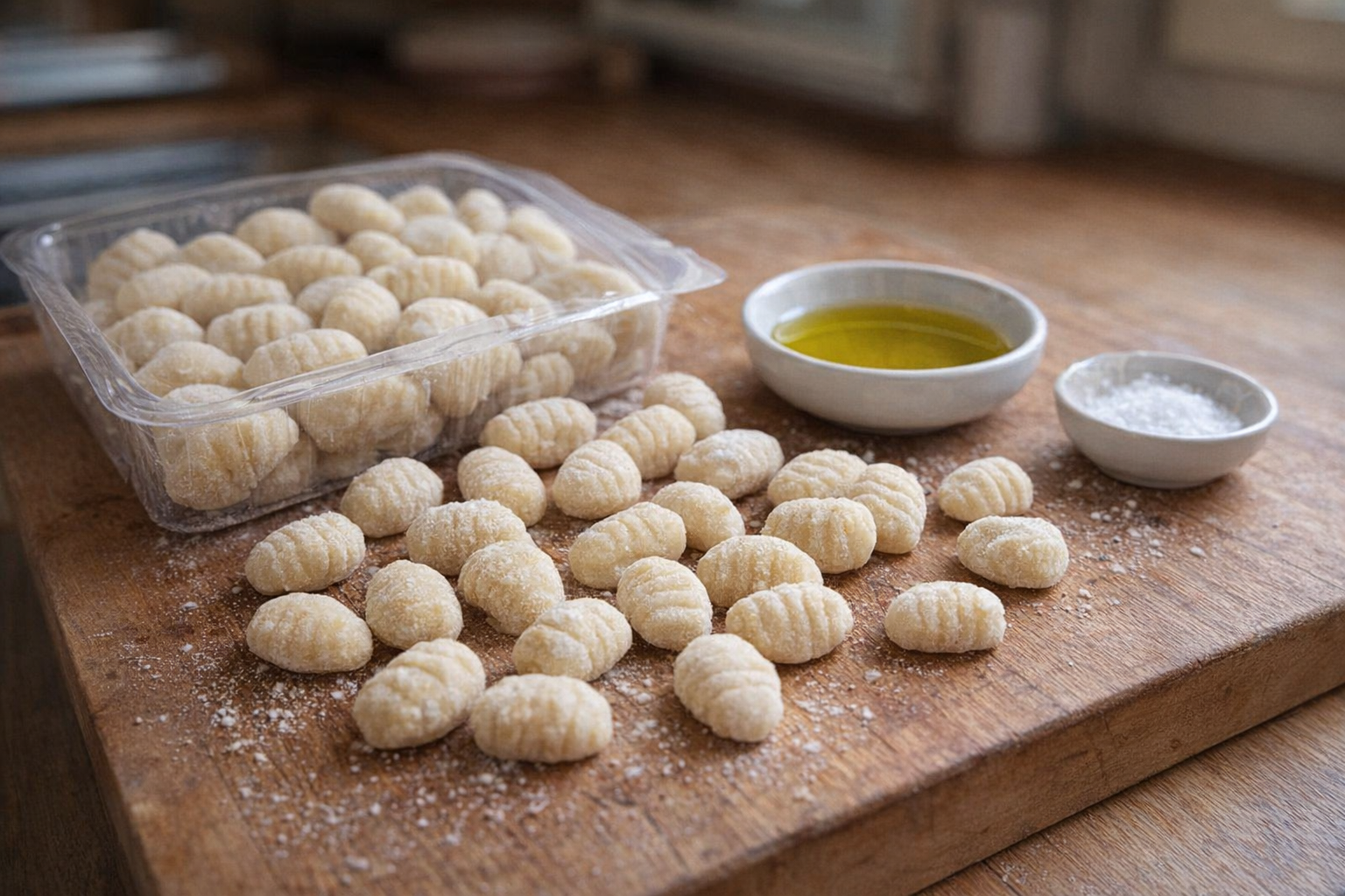 Close-up of uncooked gnocchi, some scattered on a wooden cutting board and some still in the package. A small bowl of olive oil and a pinch of salt are also visible, suggesting preparation for cooking